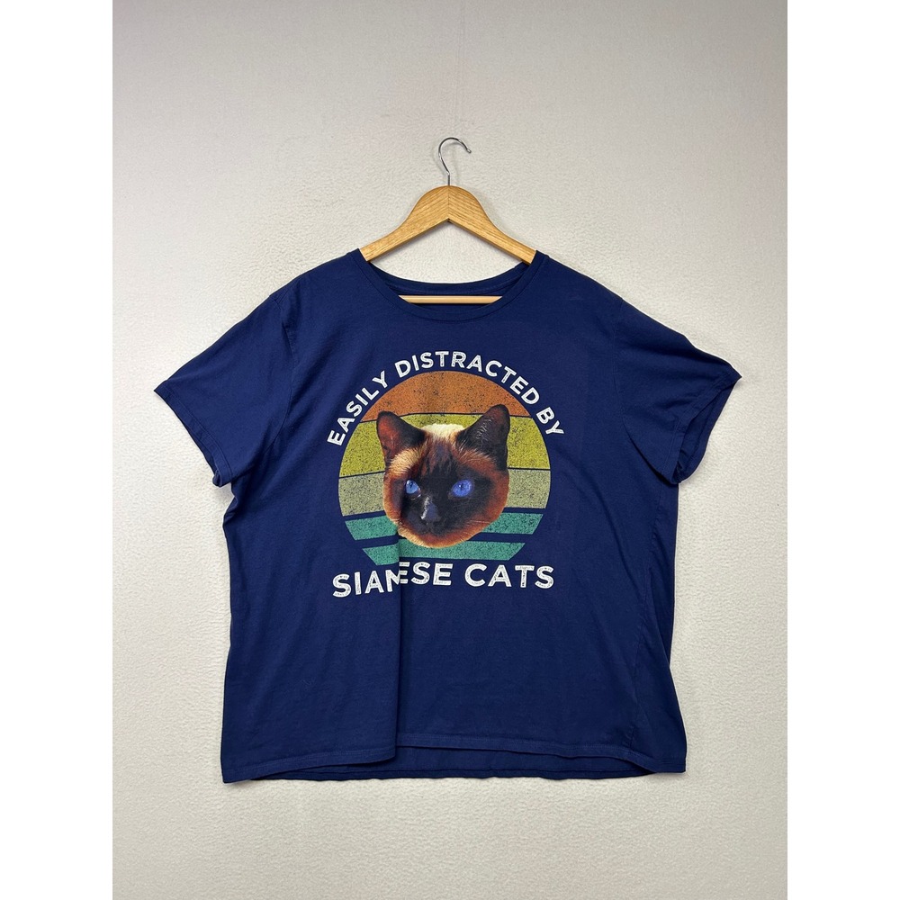 Cat Lover Retro Sunset Womens 3XL Navy Blue Siamese Graphic Novelty Tee